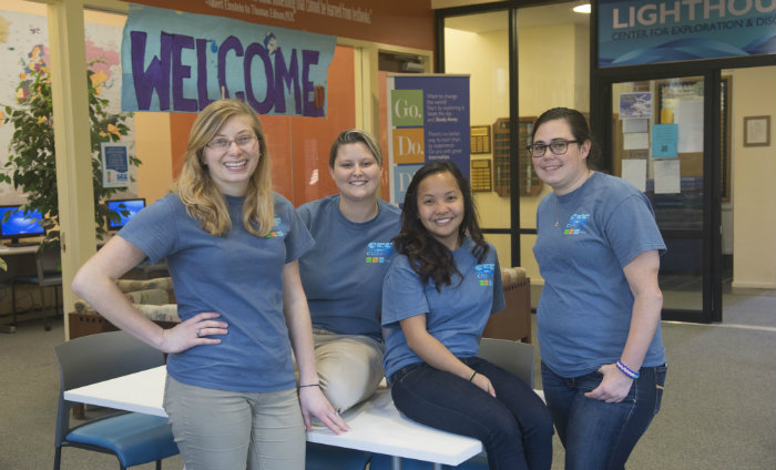 GUIDING LIGHTS: Student Crew members for The Lighthouse like Tenley Scott '18, Hali Goad '15, Lena Ngyuen '16 and Erin Combs '16 share their study away, internship, or research experiences with other students and Center guests. (Photo by Janice Marshall-Pittman)