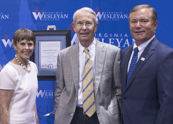 Joan and Macon Brock were recognized during the Virginia Wesleyan State of the College Address on August 23 following the announcement of the Joan P. Brock School of Mathematics and Natural Sciences. The couple is pictured here with Dr. Scott D. Miller, President of the College (right).