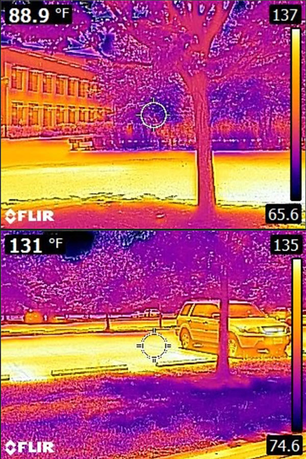 These thermal camera images show the difference in surface temperature between pavement and vegetation.)