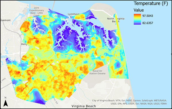In 2021, Virginia Wesleyan University measured air temperatures in Virginia Beach on one hot afternoon in July. Temperatures varied across the city by 15°F. Areas with more pavement were hotter than areas with vegetation or near the water.