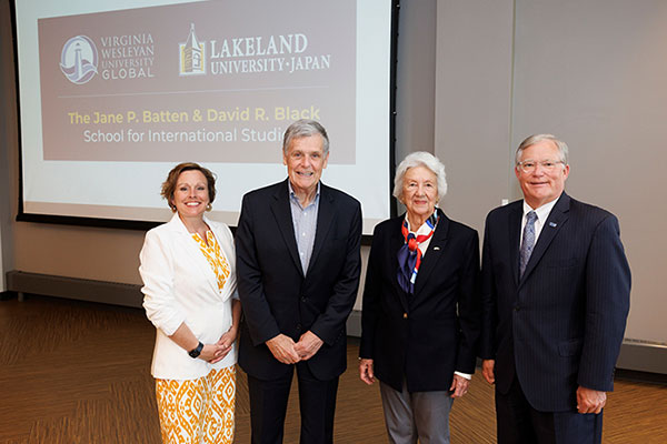 Lakeland University President Beth Borgen, Dr. David Black, Jane Batten, and VWU President Scott D. Miller