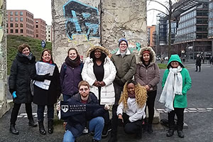 Virginia Wesleyan history students with sections of the Berlin Wall, Berlin, Germany, January 19, 2018. Anonymous photographer. Virginia Wesleyan history students with sections of the Berlin Wall, Berlin, Germany, January 19, 2018. Anonymous photographer.