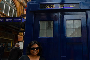 Aimelie Ronquillo at Dr. Who’s Police Box, London, 2016. Photograph by Prof. Sharon Swift Aimelie Ronquillo at Dr. Who’s Police Box, London, 2016. Photograph by Prof. Sharon Swift
