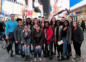 Virginia Wesleyan students and Profs. Larkin and Malone in New York City, January 2017. Anonymous photographer.